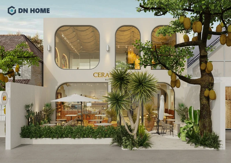 Cây xanh lá bản to là điểm nhấn nhiệt đợi trong quán cafe phong cách Địa Trung Hải