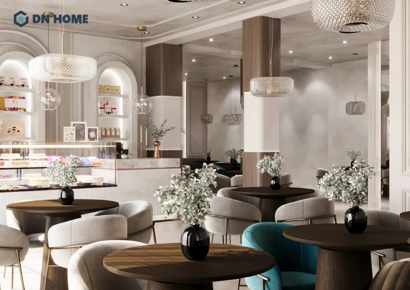 Gam màu trung tính sang trọng thường được sử dụng trong không gian nội thất quán cafe hiện đại