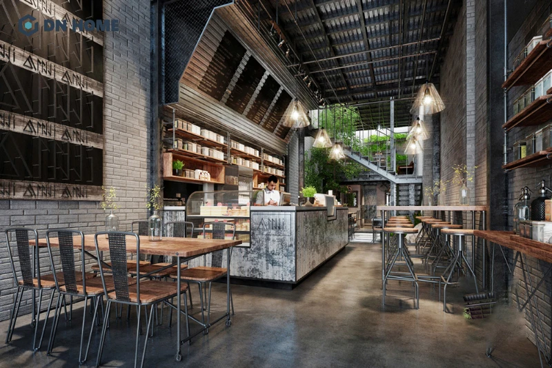 Đặc trưng của quán cafe phong cách công nghiệp là vật liệu thô mộc như gỗ, kim loại, bê tông