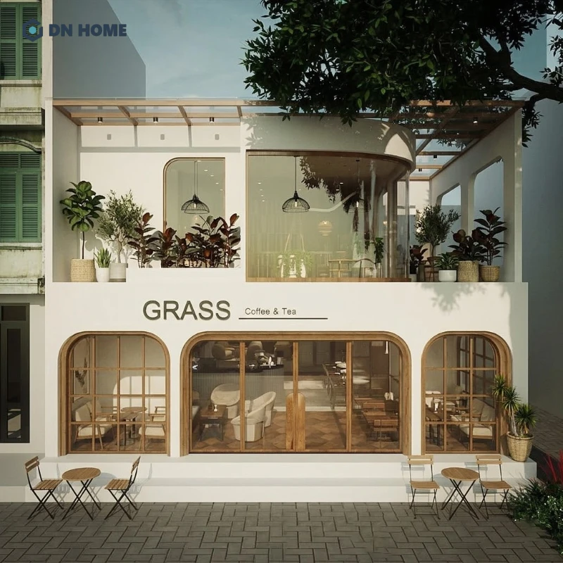 Quán cafe mặt tiền 10m thiết kế theo phong cách Scandinavian thường sử dụng gam màu trắng và những ô cửa vòm lớn