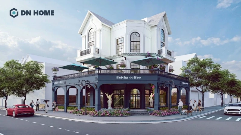Mặt tiền 10m của quán cafe thiết kế theo phong cách tân cổ điển sở hữu vẻ đẹp sang trọng, ấn tượng