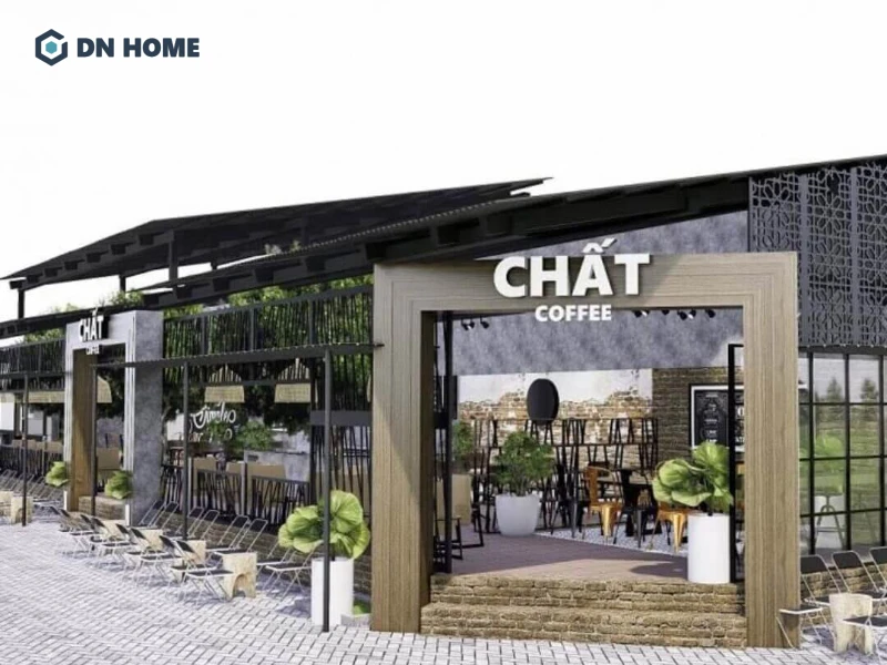 Các chất liệu thô mộc như gỗ, kim loại mang đến vẻ đẹp đậm chất Industrial cho quán cafe mặt tiền 10m