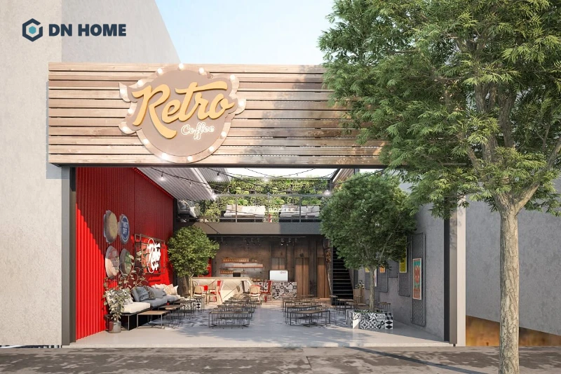 Thiết kế mặt tiền quán cafe 10m nên tập trung vào việc làm nổi bật bảng hiệu,. thu hút ánh nhìn từ xa