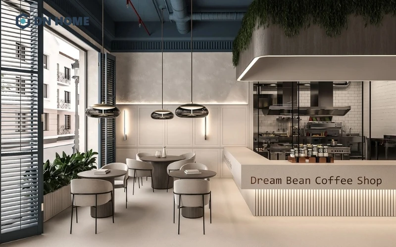 Nội thất tinh gọn được bố trí khoa học bên trong không gian quán cafe mặt tiền 10m phong cách hiện đại