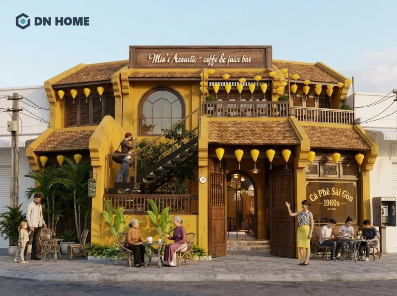 Mặt tiền quán cafe 10m thiết kế theo phong cách Vintage thường sử dụng những gam màu trầm, ô cửa gỗ