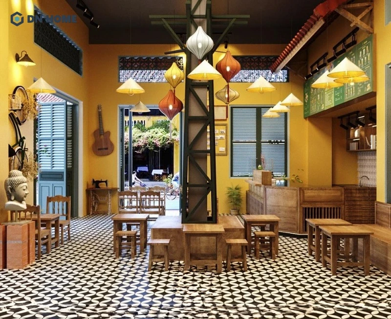 Thiết kế quán cafe phong cách Hội An cần kết hợp ánh sáng và các vật dụng trang trí phù hợp để tạo nên không gian lung linh
