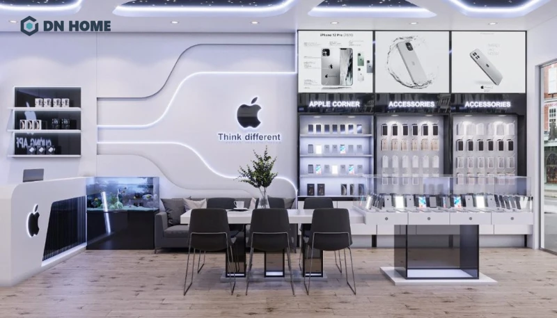 Shop điện thoại cao cấp, luxury bố trí không gian thoáng đãng, rộng rãi và chuyên nghiệp