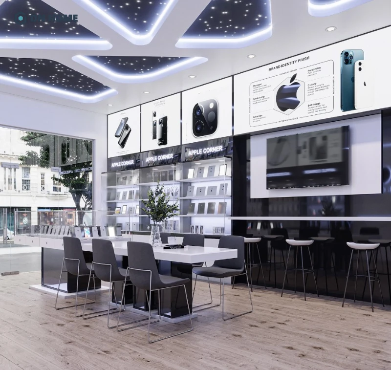 Chất liệu cao cấp và bề mặt nhẵn bóng giúp nâng cao tính thẩm mỹ, luxury cho cửa hàng điện thoại