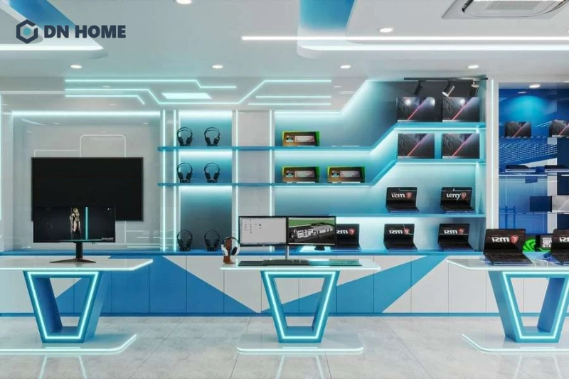 Không gian showroom máy tính phong cách High-tech phù hợp với các dòng laptop, máy tính gaming