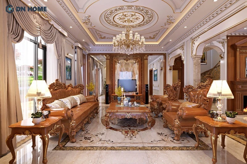 Sự kết hợp hài hoà giữa vật liệu gỗ và kim loại mạ vàng góp phần tăng thêm sự đẳng cấp cho không gian