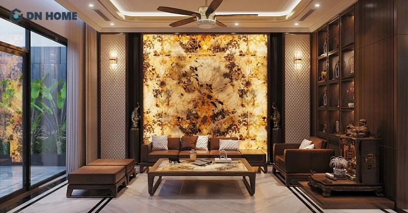 Mẫu trang trí phòng khách bằng gỗ kết hợp vật liệu hiện đại đẹp tinh tế, sang trọng