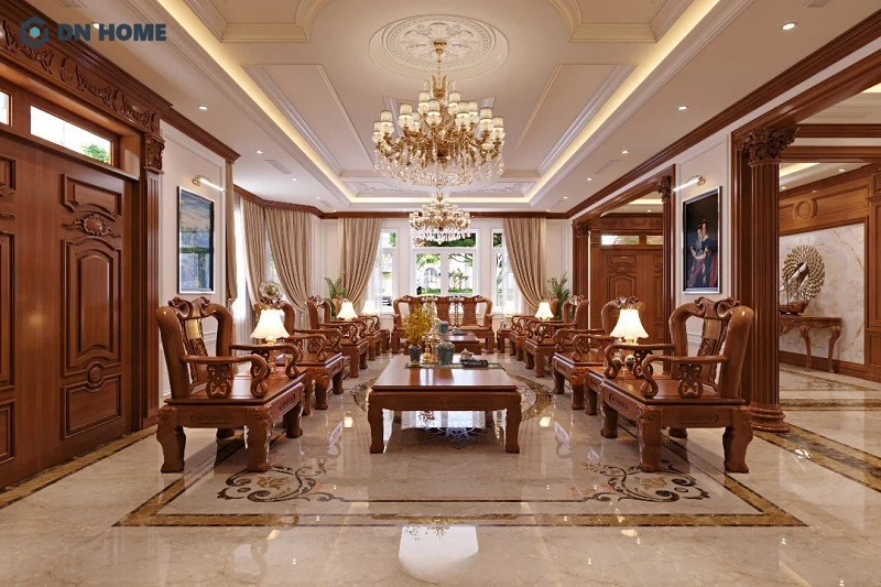Mẫu bàn ghế gỗ phòng khách với đường nét chạm khắc tinh xảo, phù hợp với phong cách thiết kế cổ điển, tân cổ điển