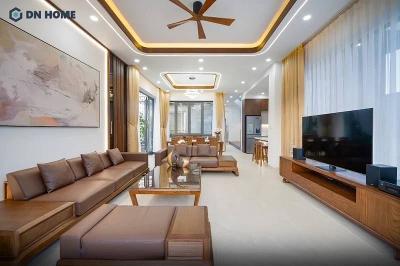 Mẫu trang trí phòng khách bằng gỗ theo phong cách hiện đại, ưu tiên đường nét gãy gọn, thanh lịch