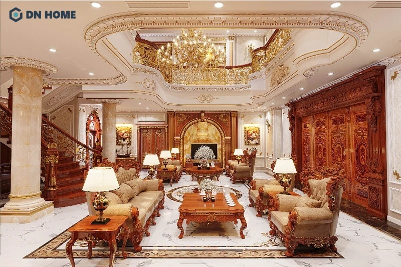 Sự kết hợp của vật liệu gỗ và kim loại mạ vàng tạo nên vẻ đẹp sang trọng cho không gian phòng khách