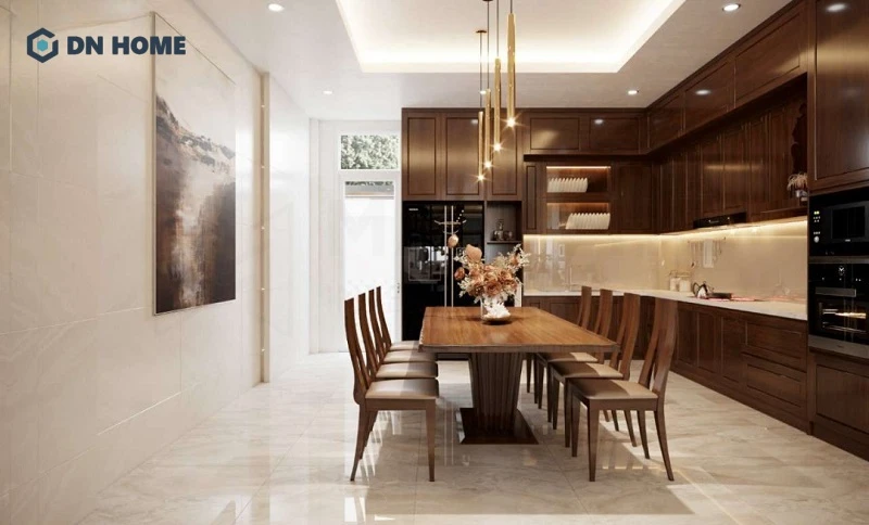 Mẫu tủ bếp bằng gỗ Xoan Đào phong cách tối giản giúp việc lắp đặt nhanh chóng và dễ dàng vệ sinh trong quá trình sử dụng