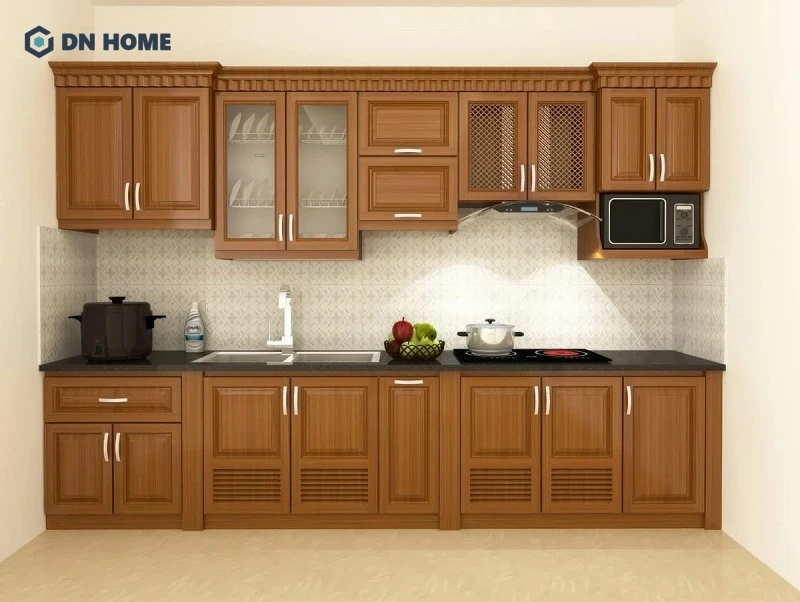 Mẫu tủ bếp gỗ Xoan Đào chữ I với thiết kế đơn giản nhưng cũng không kém phần thu hút