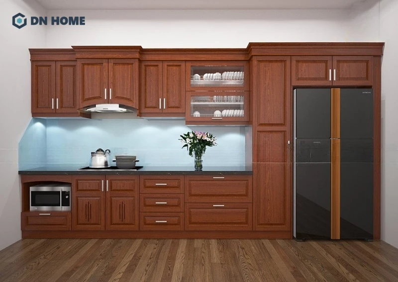 Mẫu bếp chữ I bằng gỗ Xoan Đào tích hợp các tính năng thông minh, tăng thêm phần tiện nghi khi sinh hoạt