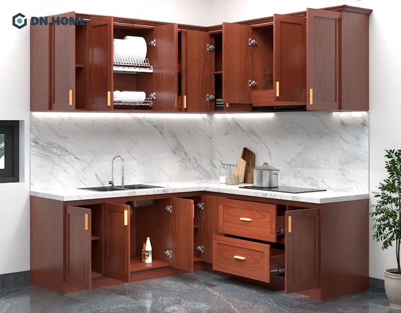 Mẫu bếp chữ L bằng gỗ Xoan Đào với nhiều ngăn kéo tiện nghi