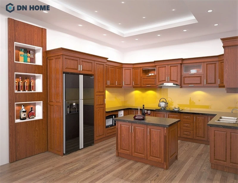 Mẫu tủ bếp gỗ Xoan Đào hình chữ U thiết kế đơn giản nhưng cũng không kém phần sang trọng