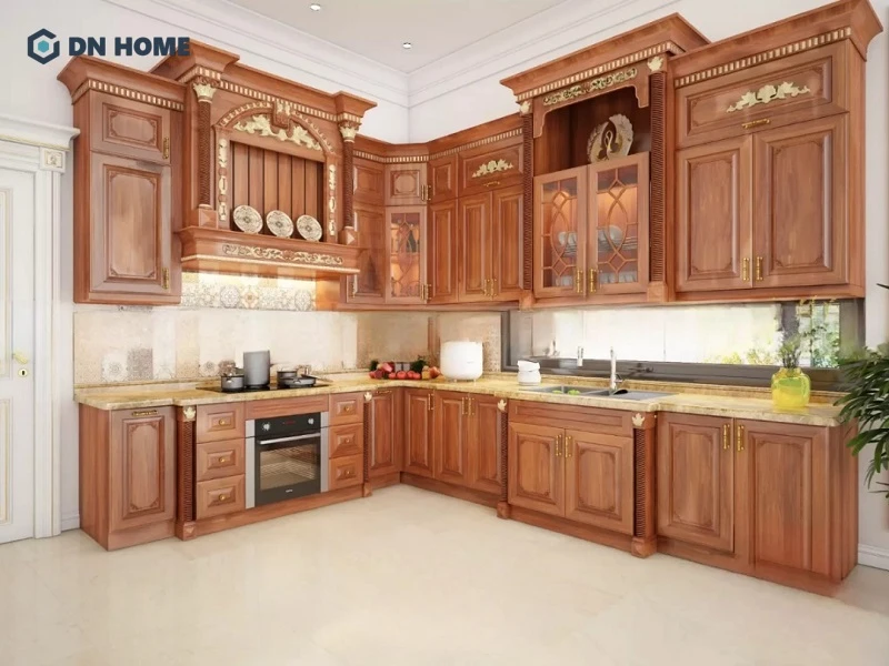 Mẫu tủ bếp bằng gỗ Xoan Đào phong cách tân cổ điển sang trọng