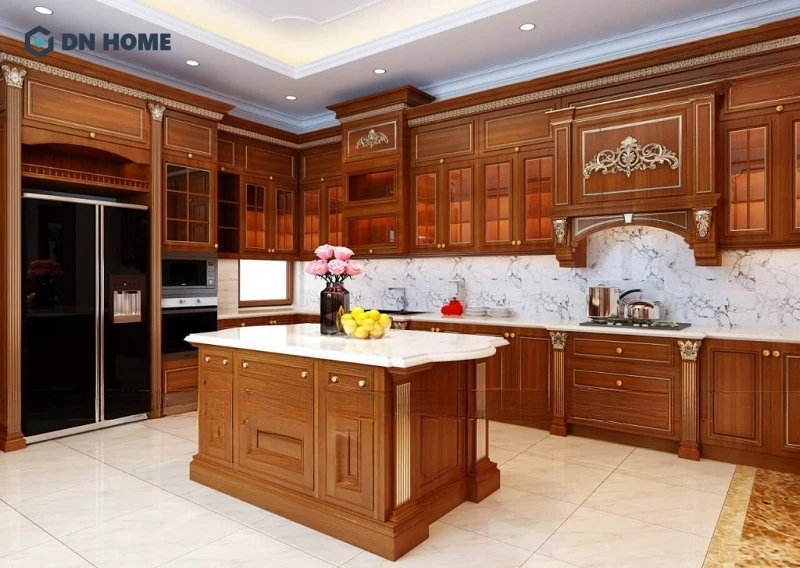 Tủ bếp bằng gỗ Xoan Đào phong cách tân cổ điển mang vẻ đẹp giao thoa giữa cổ điển và hiện đại