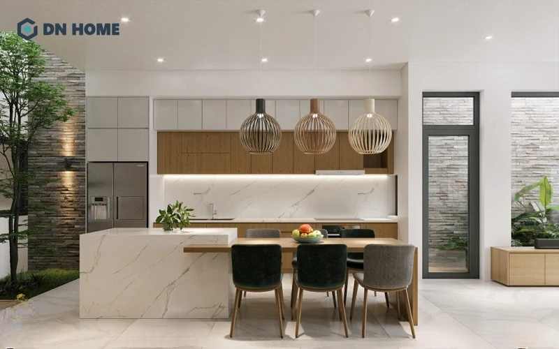 Mẫu thiết kế tủ bếp bằng gỗ Xoan Đào phong cách hiện đại kịch trần, tối ưu công năng và thẩm mỹ