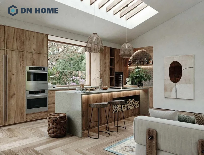 Tủ đảo bếp phong cách Wabi Sabi tích hợp đèn LED tạo điểm nhấn thẩm mỹ