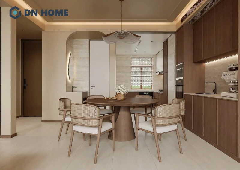 Tủ bếp và bàn ghế ăn thiết kế theo phong cách Wabi Sabi mang đến vẻ đẹp đồng bộ