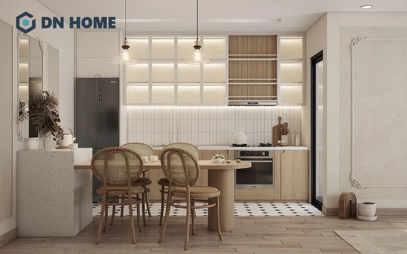 Tủ bếp phong cách Wabi Sabi với chất liệu gỗ sáng màu thanh lịch, tinh tế