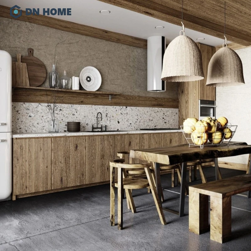 Mẫu tủ bếp thiết kế theo phong cách Wabi Sabi chế tác đơn giản