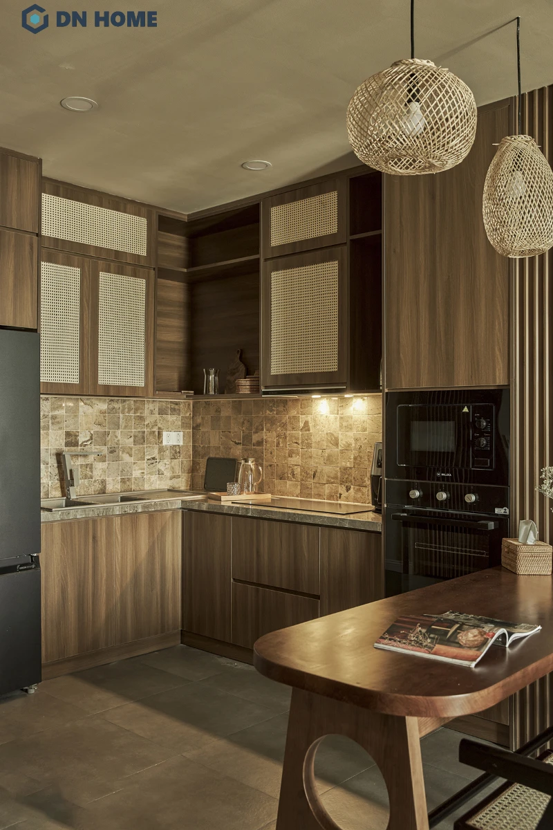 Chất liệu gỗ là đặc trưng tủ bếp chế tác theo phong cách Wabi Sabi