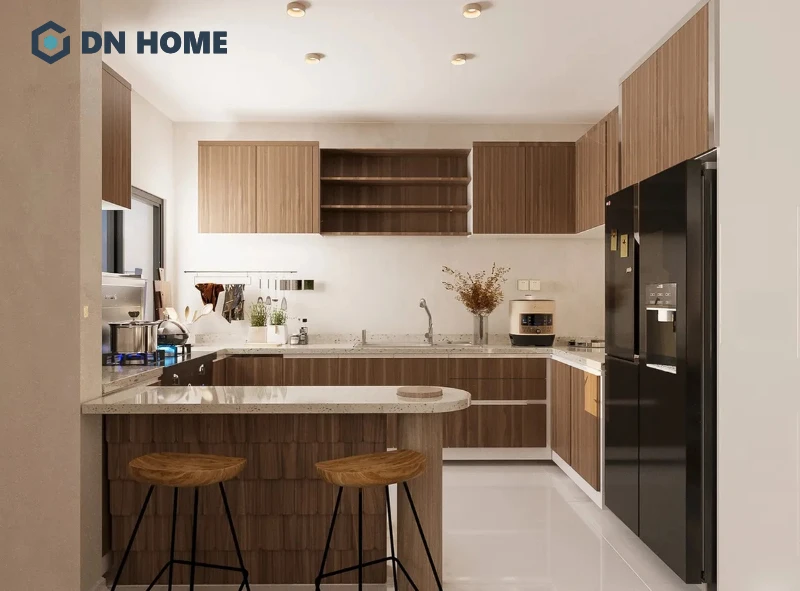 Mẫu tủ bếp chữ U phong cách Wabi Sabi tối ưu công năng, tiện nghi