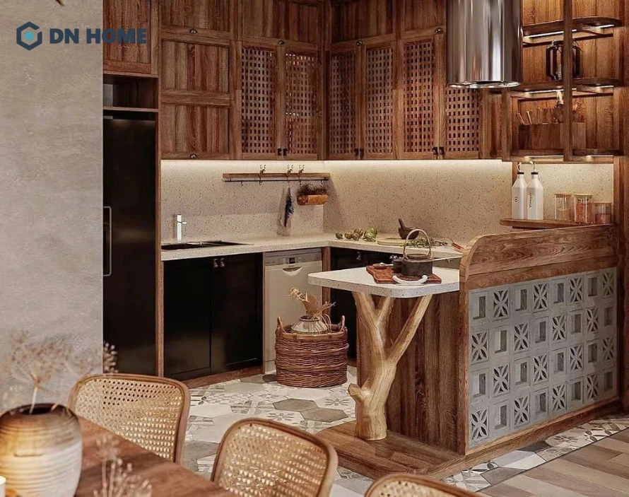 Chất liệu tự nhiên, đặc biệt là gỗ được sử dụng chính khi chế tác tủ bếp Wabi Sabi