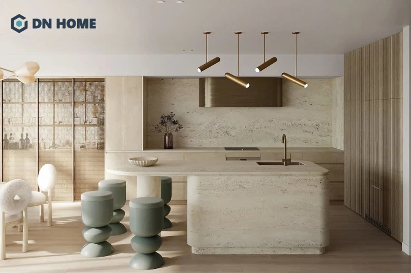Đường bo tròn mềm mại tăng thêm tính thẩm mỹ cho tủ bếp phong cách Wabi Sabi