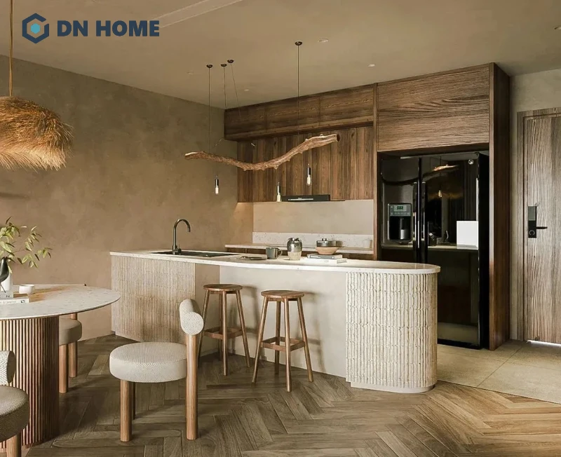 Đường vân gỗ độc đáo trên tủ bếp gỗ phong cách Wabi Sabi tạo điểm nhấn cho căn bếp