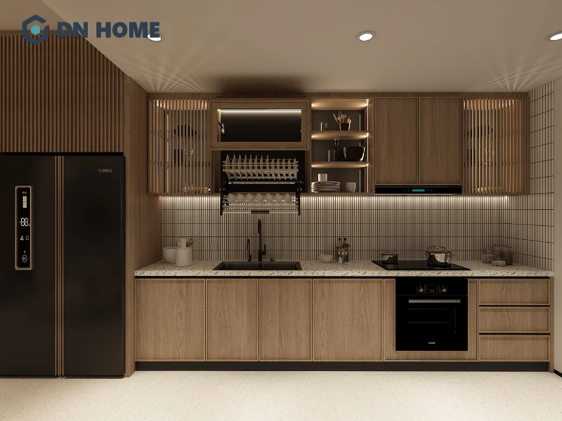Chất liệu mặt đá giúp tủ bếp gỗ phong cách Wabi Sabi dễ dàng vệ sinh, sạch gọn