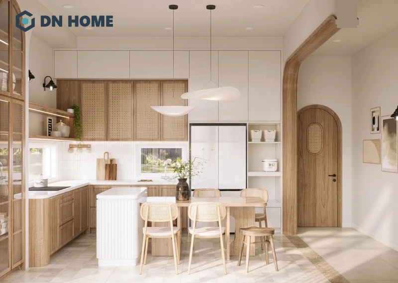 Những đường nét bo góc mềm mại là điểm nhấn tủ bếp phong cách Wabi Sabi