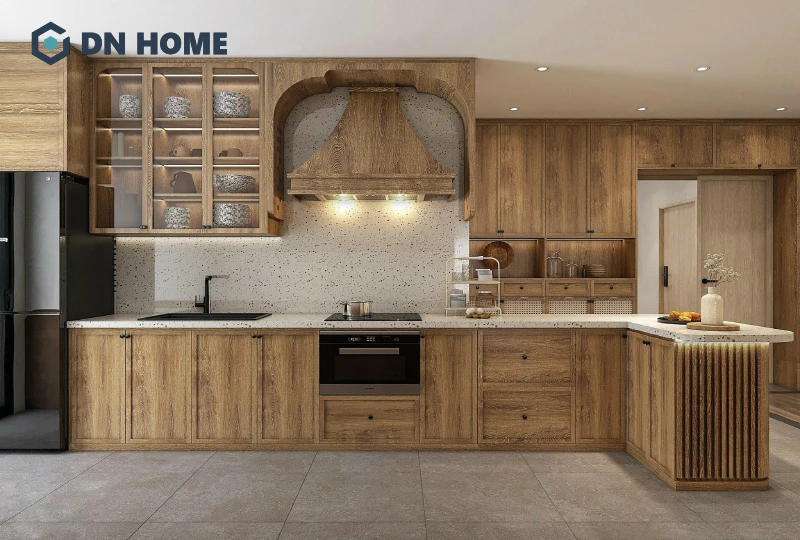 Mẫu tủ bếp thiết kế theo phong cách Wabi Sabi với chất liệu gỗ thô mộc