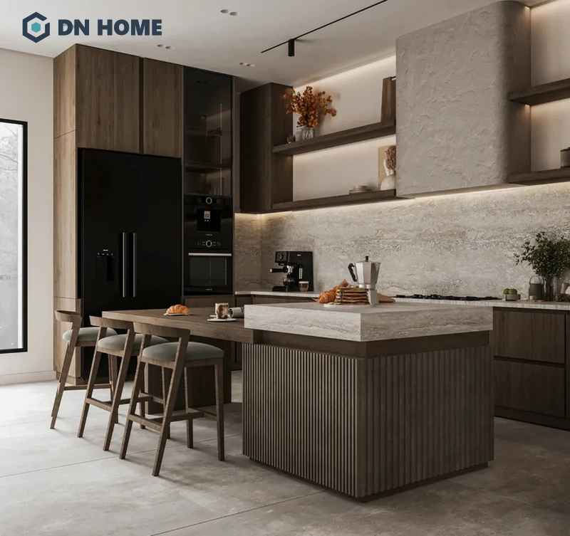 Mẫu tủ bếp và đảo bếp thiết kế đồng bộ theo phong cách Wabi Sabi