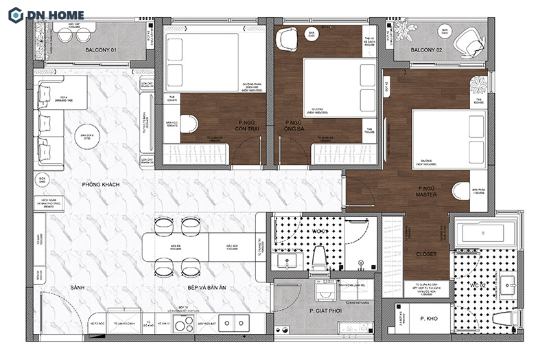 Thiết kế căn hộ 80m2 3 phòng ngủ