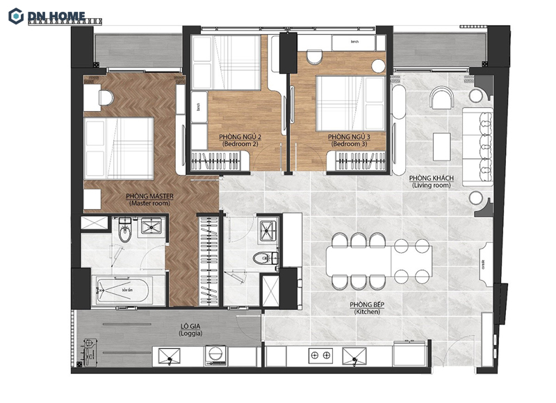 Thiết kế căn hộ 80m2 3 phòng ngủ
