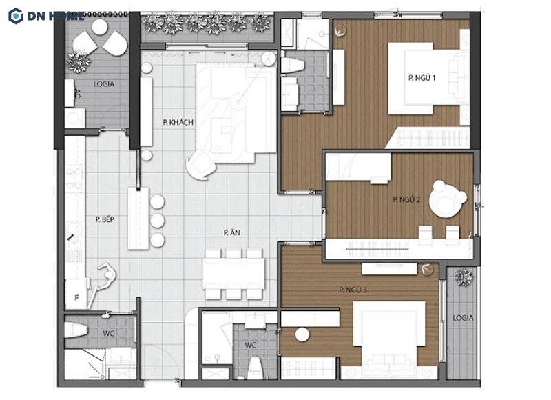 Thiết kế căn hộ 80m2 3 phòng ngủ