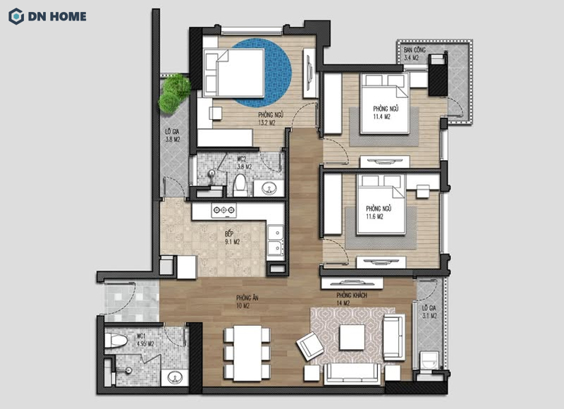 Thiết kế căn hộ 80m2 3 phòng ngủ
