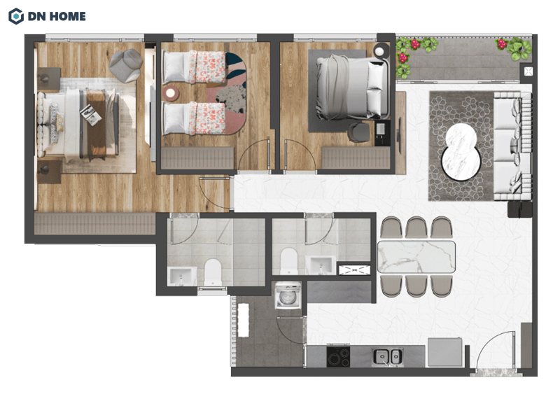 Thiết kế căn hộ 80m2 3 phòng ngủ