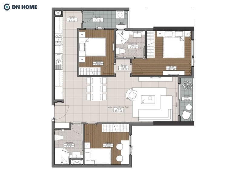 Thiết kế căn hộ 80m2 3 phòng ngủ