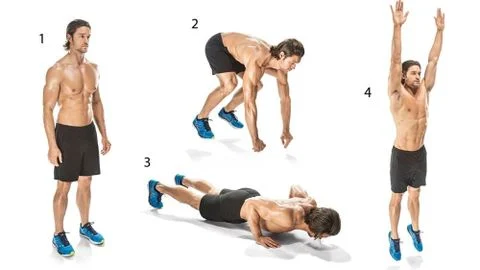 Burpees kết hợp squat, chống đẩy và bật nhảy trong một động tác liên tục, tác động mạnh lên toàn bộ cơ thể