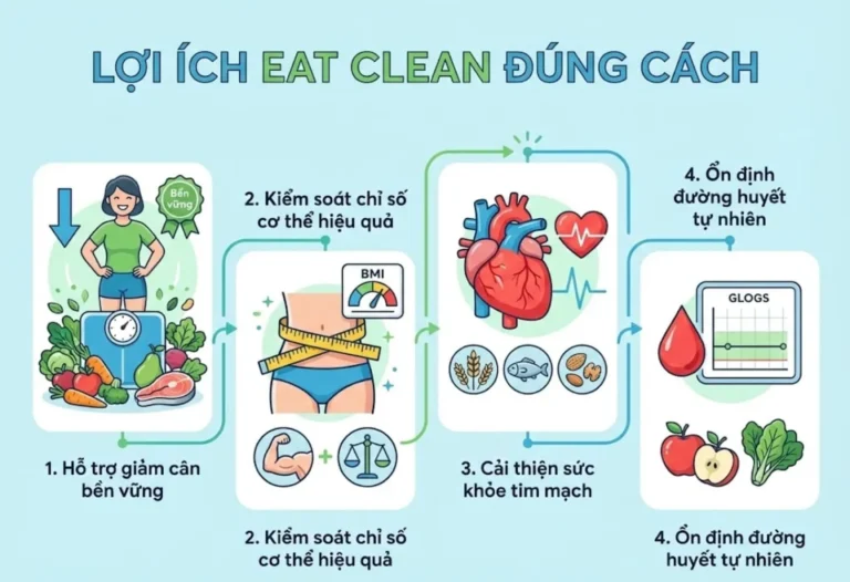 lợi ích sức khỏe của chế độ Eat Clean như hỗ trợ giảm cân, kiểm soát chỉ số cơ thể, cải thiện tim mạch và ổn định đường huyết.