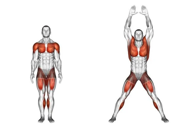 Jumping jacks là bài tập đơn giản nhưng cực kỳ hiệu quả. Bạn đứng thẳng, nhảy cao trong khi mở chân ra ngang vai và vỗ tay lên trên đầu, rồi quay trở lại tư thế ban đầu