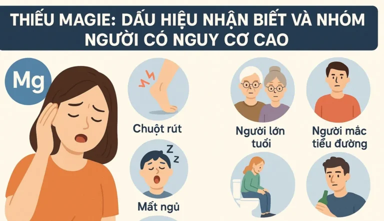 các dấu hiệu thiếu magie như chuột rút, mất ngủ và nhóm người có nguy cơ thiếu magie cao.