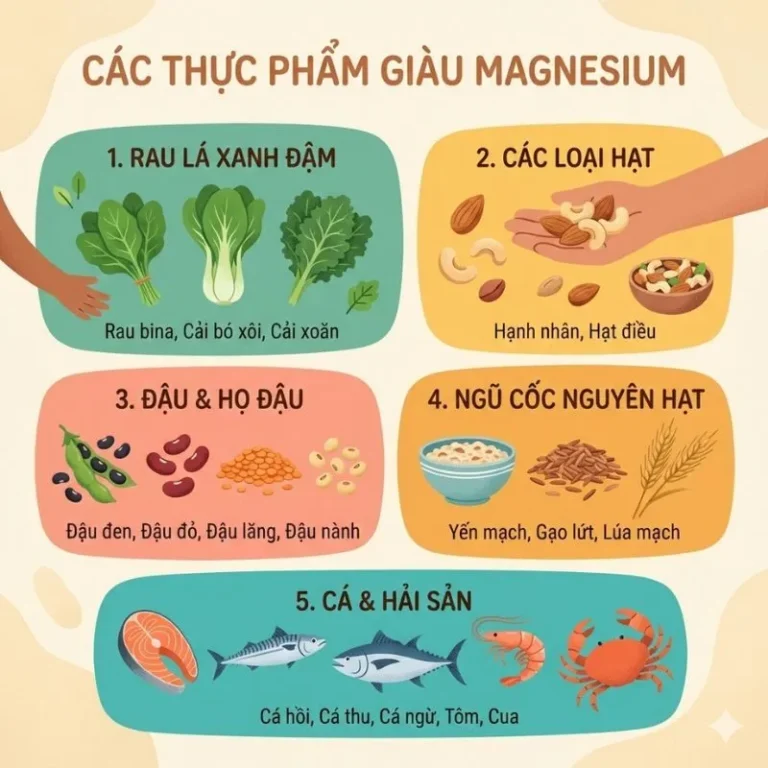 tổng hợp các nhóm thực phẩm giàu magnesium như rau lá xanh, các loại hạt, đậu, ngũ cốc nguyên hạt, cá và hải sản.